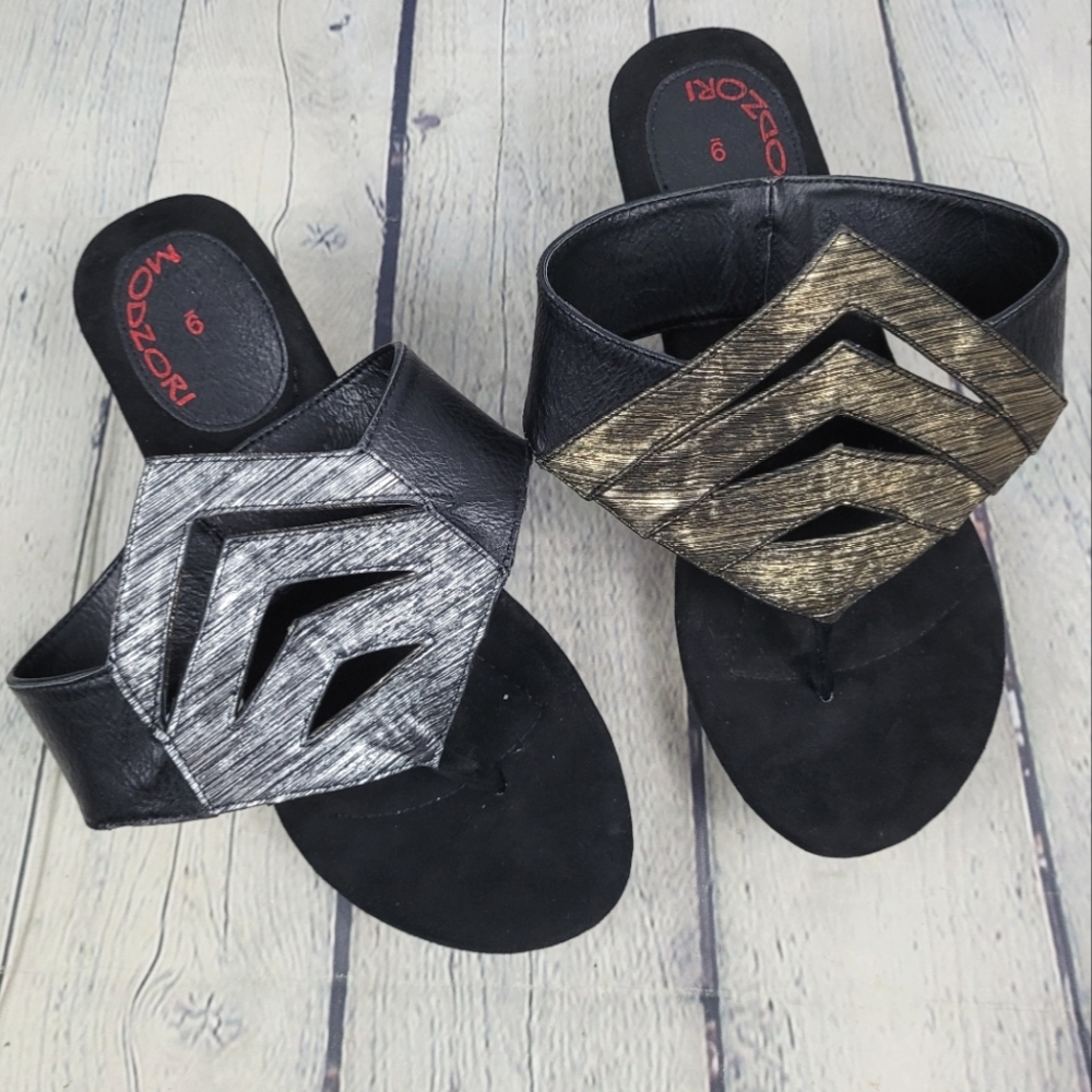 MODZORI | Zoey reversible metallic thong wedge slipon sandals